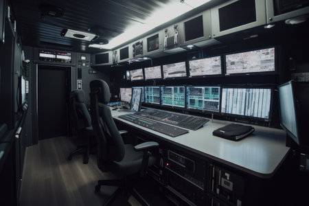 high-tech broadcasting van with sleek design and advanced technology, created with generative aiの素材