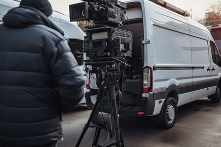 broadcasting van, with reporter broadcasting live on breaking news story, created with generative aiの素材