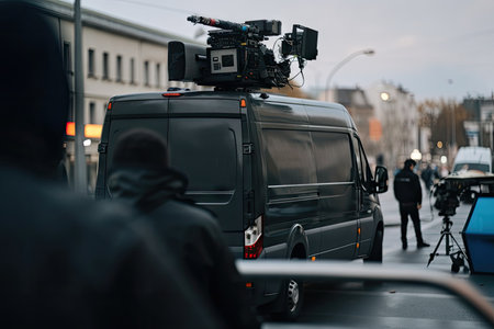 broadcasting van, with reporter broadcasting live on breaking news story, created with generative aiの素材