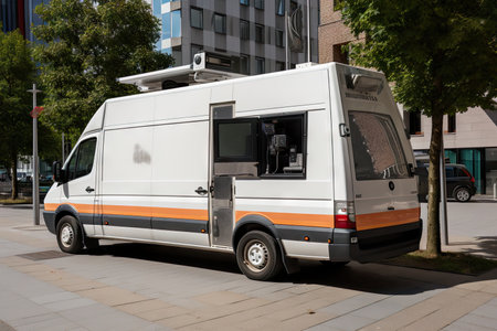 mini broadcasting van, with camera and microphone for newsmakers to give their statements, created with generative aiの素材