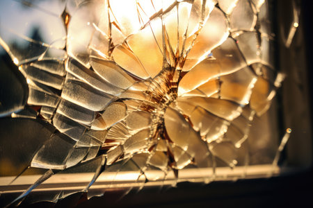 crack on glass, with the sun shining through, creating a warm and inviting light, created with generative aiの素材