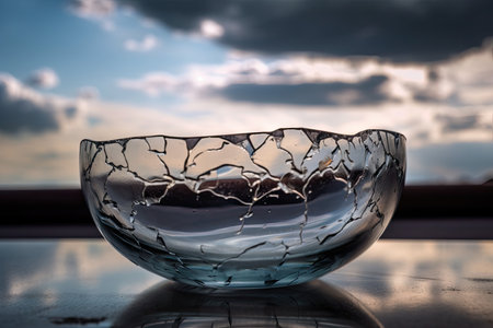 crack in glass bowl, with reflection of the sky and clouds visible, created with generative aiの素材