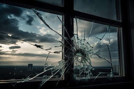 crack in glass window, with the view of a stormy sky visible through it, created with generative aiの素材