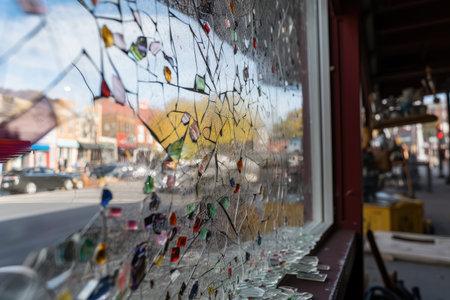 crack in glass, with view of colorful and bustling marketplace visible through the breach, created with generative aiの素材