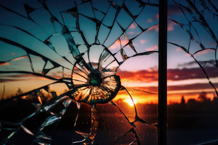 crack on glass, with view of the sun setting over a colorful sky, created with generative aiの素材