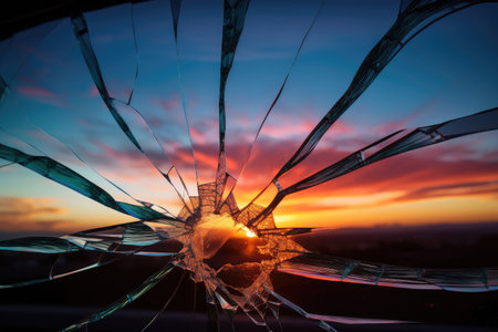 crack on glass, with view of the sun setting over a colorful sky, created with generative aiの素材