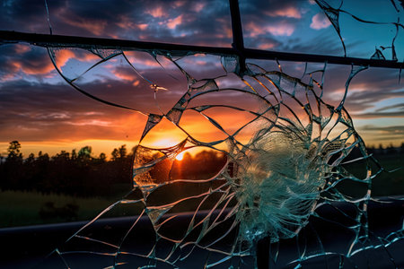 crack on glass, with view of the sun setting over a colorful sky, created with generative aiの素材