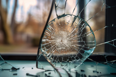 crack in glass, with reflection of the outside world visible through the glass, created with generative aiの素材
