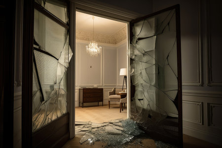crack in glass door, leading to dramatic reveal of the room beyond, created with generative aiの素材