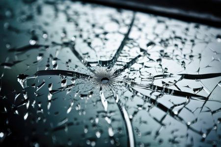 crack on glass, with droplets of water and broken reflection, created with generative aiの素材