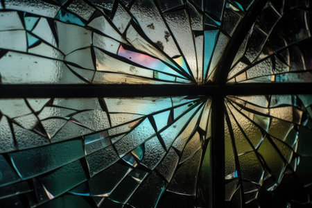 crack in glass pane of stained-glass window, created with generative aiの素材