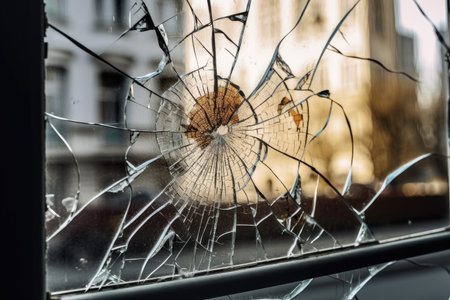 crack in glass pane of stained-glass window, created with generative aiの素材