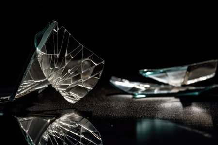 broken glass, with cracks leading in different directions, against dark background, created with generative aiの素材