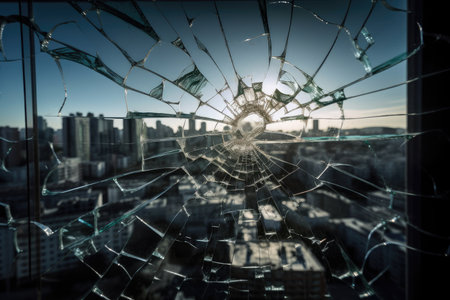cracks in glass, with the view of a busy city street visible through the cracks, created with generative aiの素材