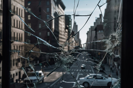 cracks in glass, with the view of a busy city street visible through the cracks, created with generative aiの素材