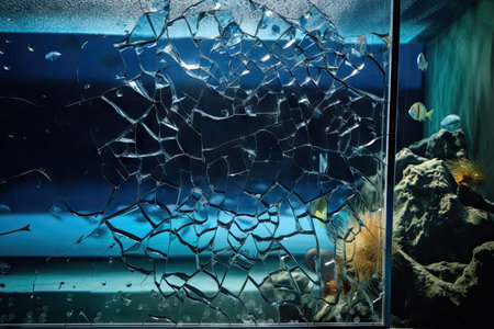 crack in the glass of an aquarium, surrounded by aquatic life, created with generative aiの素材