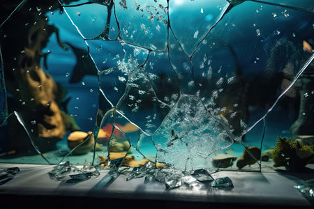 crack in the glass of an aquarium, surrounded by aquatic life, created with generative aiの素材