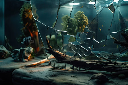 crack in the glass of an aquarium, surrounded by aquatic life, created with generative aiの素材