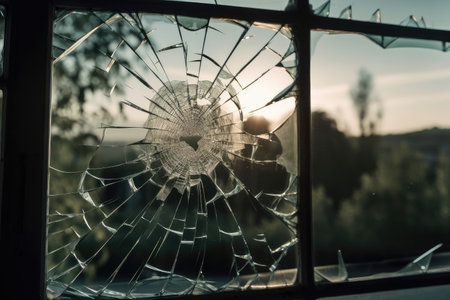 crack on glass window with view of peaceful scene, created with generative aiの素材