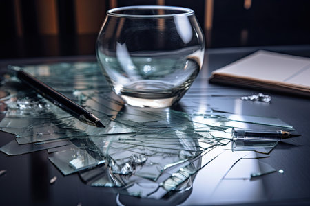 crack in glass on the table, with business documents and pen, created with generative aiの素材