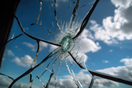 crack in glass windowpane, with view of sky and clouds, created with generative aiの素材