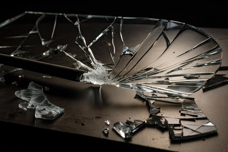 crack spreading on smooth surface of a glass plate, with fracture lines and debris visible, created with generative aiの素材