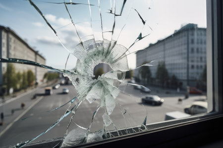 crack in glass on window frame, with view of the outside world visible, created with generative aiの素材