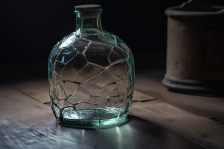 crack running across the surface of a vintage glass bottle, created with generative aiの素材
