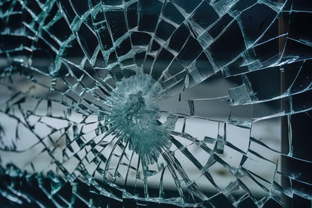 crack on glass, with close-up of the broken surface and shattered pieces, created with generative aiの素材