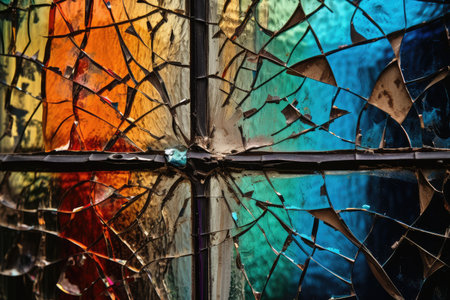 crack on glass, with visible reflection of colorful pattern or scene, created with generative aiの素材