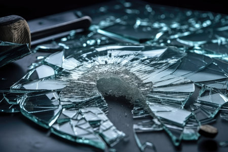 glass crack, with shattered pieces on the floor, after a broken glass plate, created with generative aiの素材