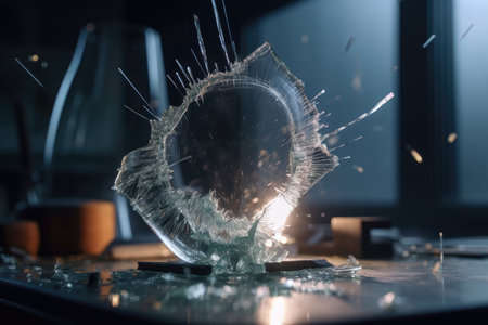 crack in glass, with the sound of shattering glass and smoke rising from the crack, created with generative aiの素材