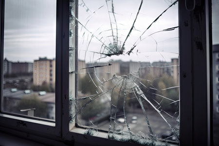 crack in glass pane of window, with view to the outside world, created with generative aiの素材