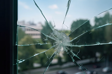 crack in glass pane of window, with view to the outside world, created with generative aiの素材