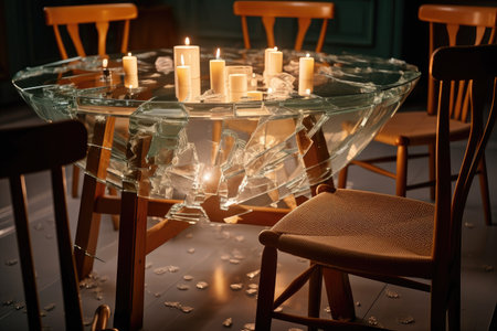 a crack on a glass table, surrounded by chairs and candles, created with generative aiの素材