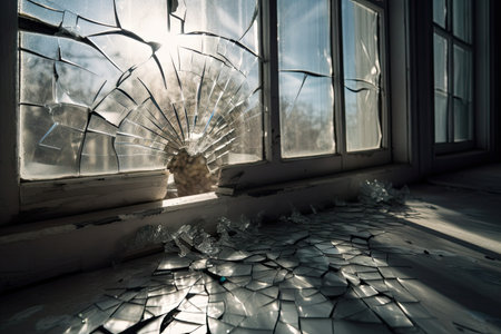 crack spreading across the surface of a glass pane, with sun shining through, created with generative aiの素材