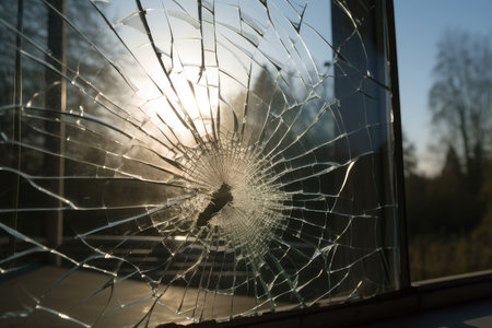 crack spreading across the surface of a glass pane, with sun shining through, created with generative aiの素材