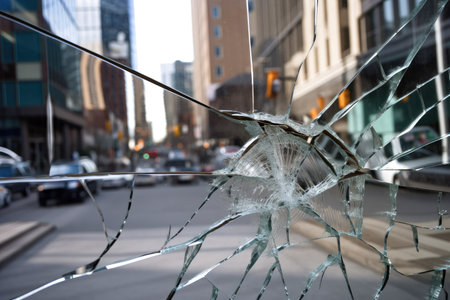 crack on glass, with reflection of busy city street visible, created with generative aiの素材