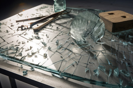 crack spreading across the surface of a glass table, showing the fragility of objects, created with generative aiの素材
