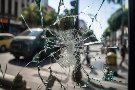 crack on glass, with view of busy street or bustling market visible through the broken surface, created with generative aiの素材