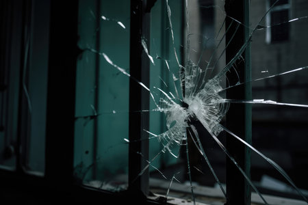 window pane with crack, seen from the inside of the building, created with generative aiの素材