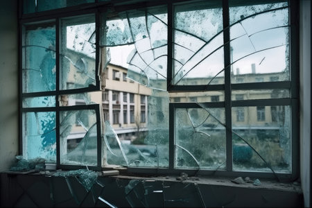 window pane with crack, seen from the inside of the building, created with generative aiの素材