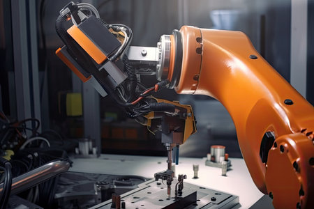 robotic arm with screwdriver and wrench, performing maintenance on electrical equipment, created with generative aiの素材