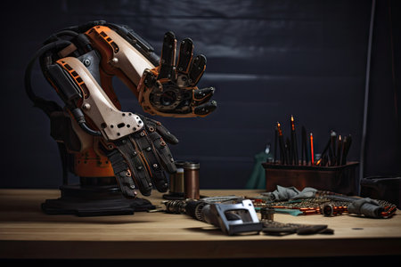 custom robotic hand, with tool belt and tools, performing delicate, created with generative aiの素材