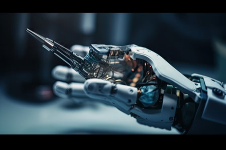 custom robotic hand with forceps and scalpel, ready for medical procedure, created with generative aiの素材