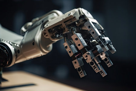 close-up of custom robotic hand with tool attached, ready to perform intricate task, created with generative aiの素材