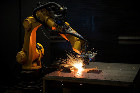 custom robotic arm with gripper, welding torch, and saw attached, created with generative aiの素材