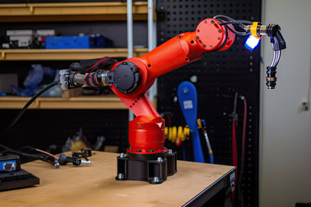 custom robotic arm with gripper, welding torch, and saw attached, created with generative aiの素材