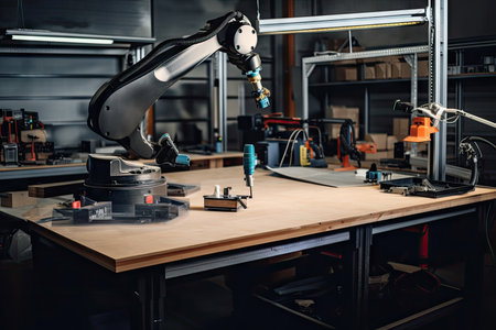 custom robotic arm in workshop, with tools and spare parts on nearby tables, created with generative aiの素材