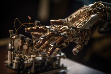custom robotic hand, with multiple fingers and tool attachments, performing intricate task, created with generative aiの素材